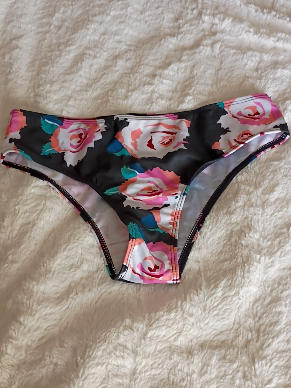 Floral Swim Bikini Bottom in Black with Pink Roses Size L